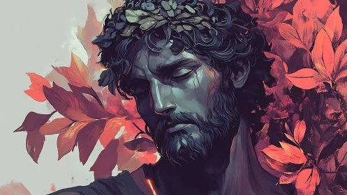 Male portrait with laurel wreath and red foliage background.