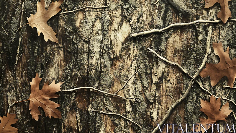 Textured oak bark composition with fallen autumn leaves.