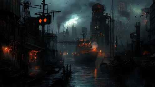 Cyberpunk industrial harbor at night with cargo freighter