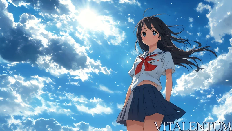 Schoolgirl stands under bright midday sky with scattered clouds
