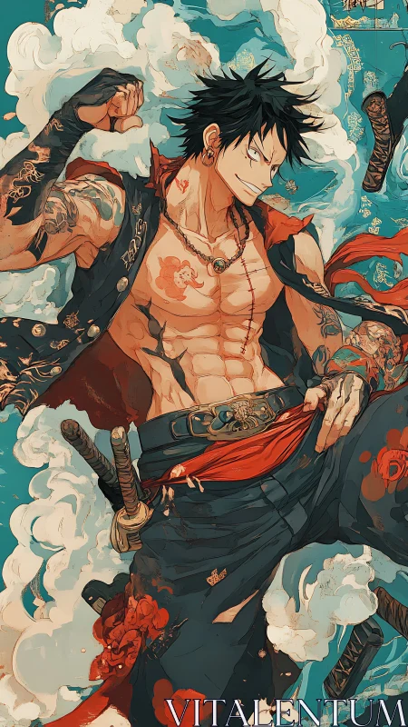 Tattooed anime swordsman with red sash amid swirling clouds
