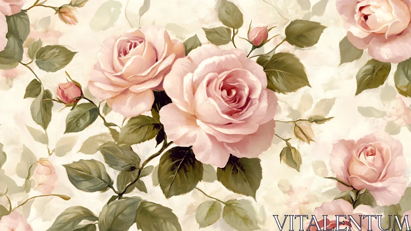 Pink Roses with Green Foliage on Cream Background.