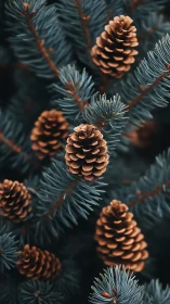 Tightly framed macro study of spruce cones and blue-green needles