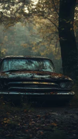 Abandoned vintage car front view in damp forest setting.
