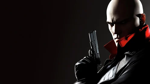 Bald armed figure in black coat against dark background.