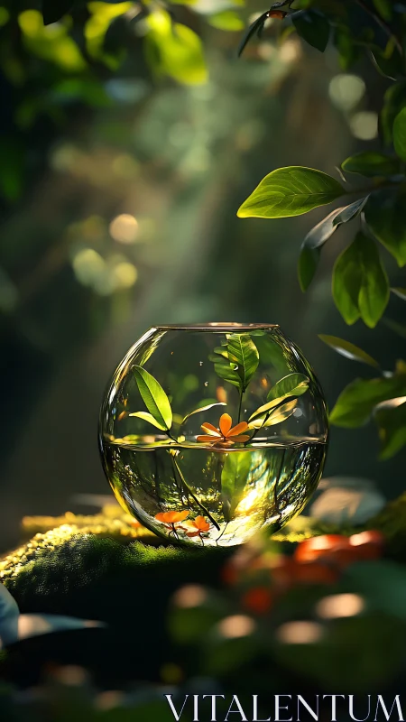 Glass terrarium globe cradles sunlit leaves and orange bloom.