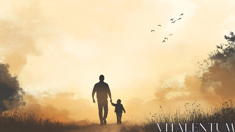 Silhouetted adult and child walking on path at dusk sky.