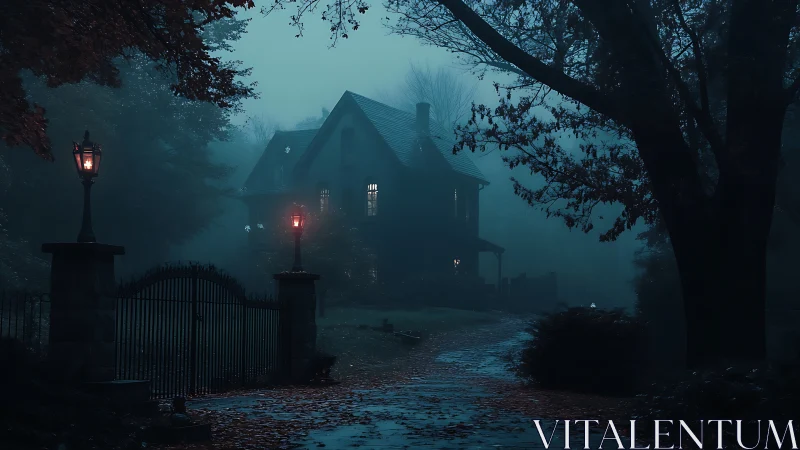 Foggy night view of solitary house beyond iron gate.