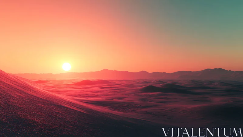 Digital painting sunset over neon dunes in planar perspective.