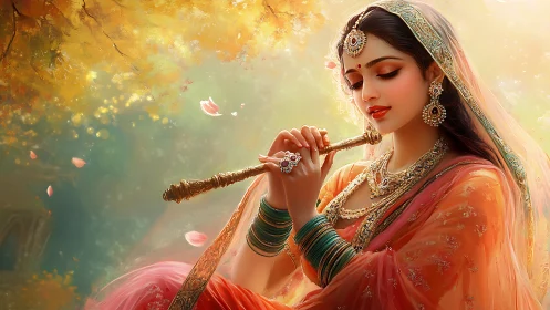 Digital painting shows ornamented woman holding decorated flute