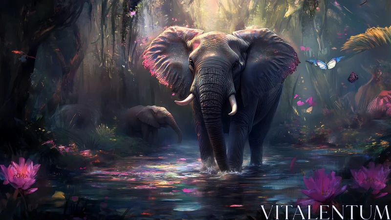 Gentle elephant wanders through a glowing enchanted jungle stream