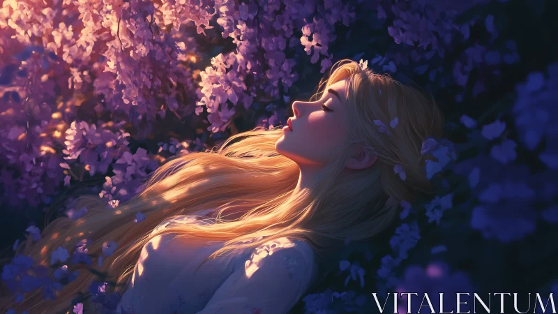 Luminous blonde maiden resting in dusk-lit violet blossoms