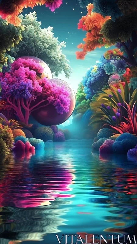 Chromatic alien lagoon with reflective orbs and neon canopy.