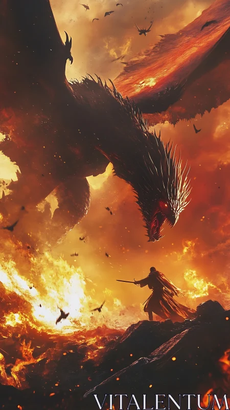 Lone warrior confronts fire dragon amid molten battlefield.