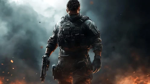 Storm-walker soldier in ember-lit battlefield haze.