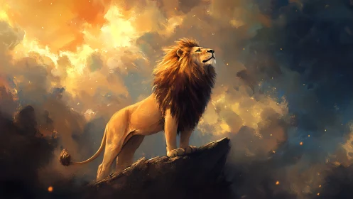 Digital painting depicts lion standing on elevated rocky ledge