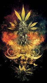 Psychedelic cannabis totem with celestial smoke plumes.