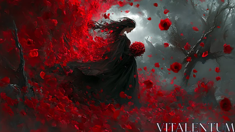 Gothic figure in crimson petal vortex, stormlit wasteland.