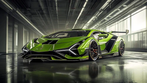 Neon-green hypercar prowls a mirrored industrial lair.