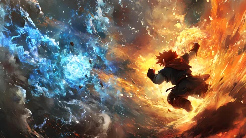 Elemental warrior hurls blazing firestorm toward icy vortex.