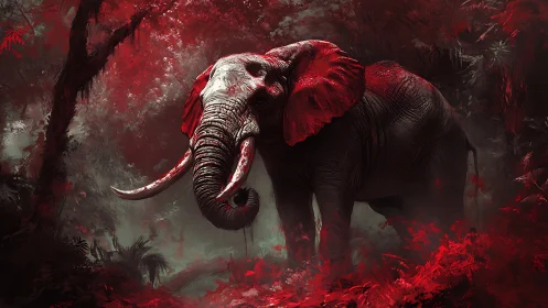 High-contrast red-lit elephant stands in stylized dense jungle