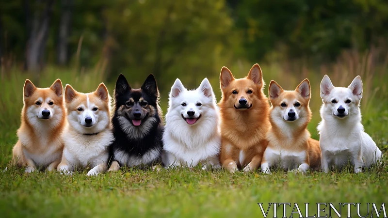 Seven fluffy dogs sit aligned on grass in soft daylight