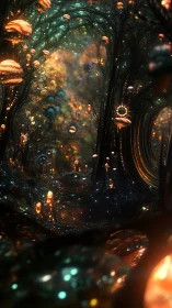 Luminous alien forest glows with floating bioluminescent spores