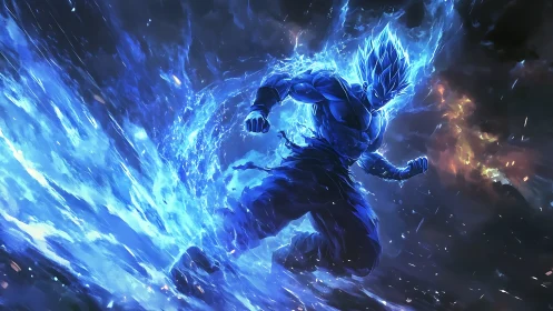 Blue energy warrior charging through stormy void.