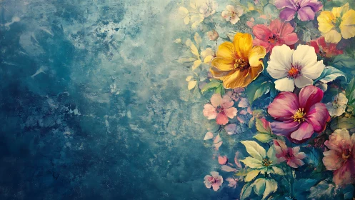 Floral Arrangement Against Textured Blue Background