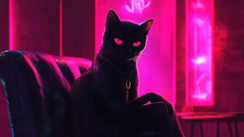 Noir neon feline lounging on chair in cyberpunk glow.