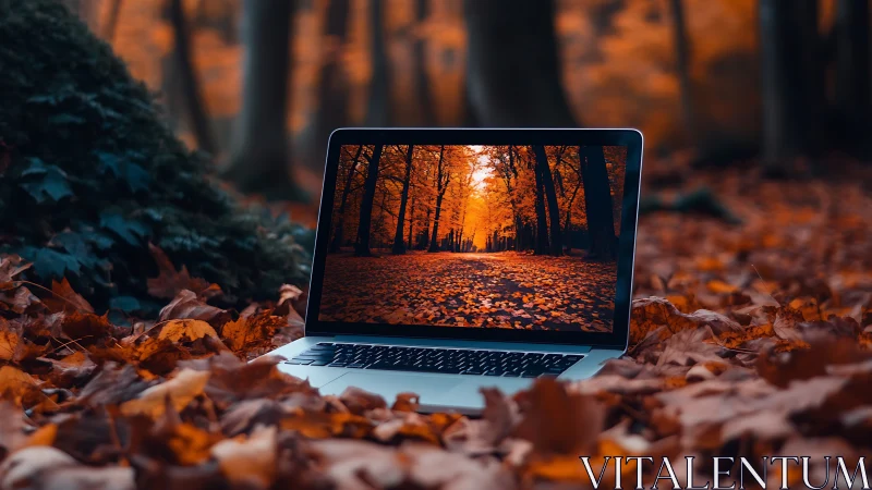 Laptop screen mirrors autumn forest floor in warm light