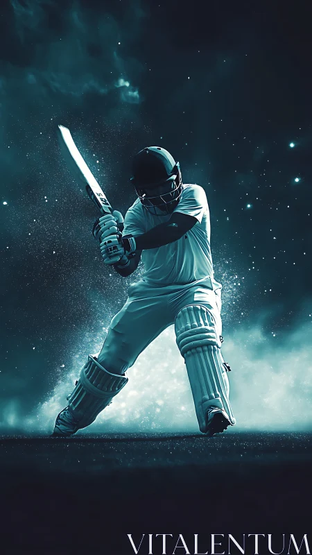 Cricket batsman mid-swing in teal cosmic backlit dust field.
