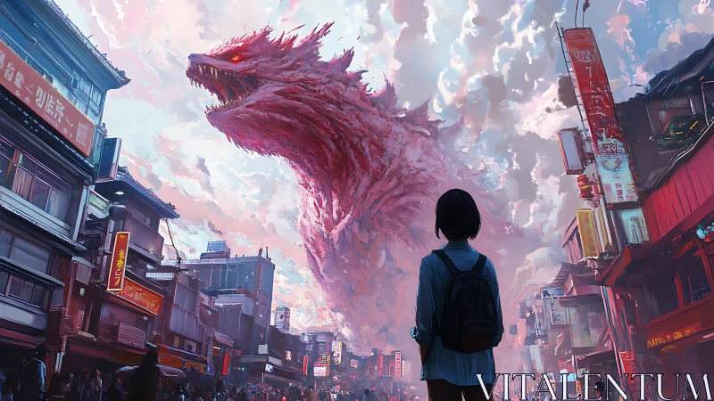 Concept art street scene with colossal dragon confrontation.