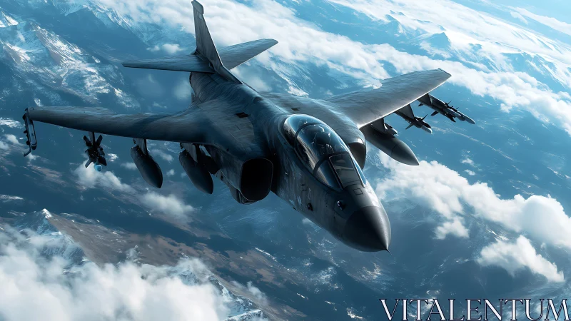 Stealth bomber squadron cutting through high alpine clouds.