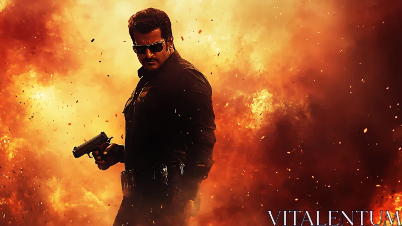 Armed action hero strides through cinematic firestorm backdrop