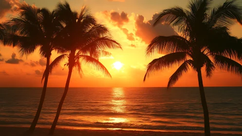 Sunset silhouettes palm trees against radiant tropical horizon