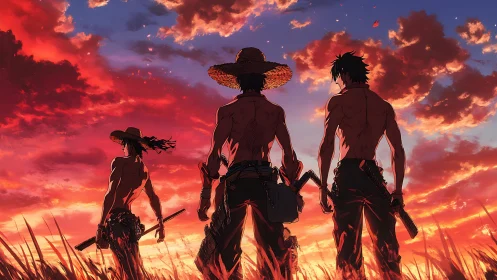 Sunset silhouettes of three warriors in blazing sky field.