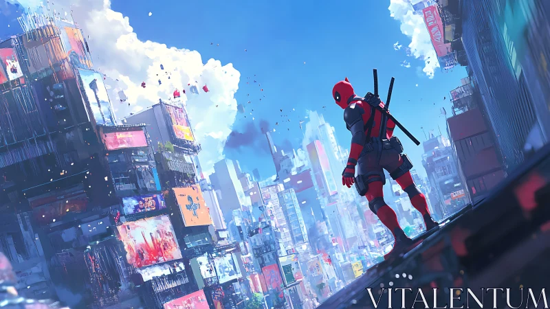 Red-suited rooftop rogue surveys neon-splashed mega city.