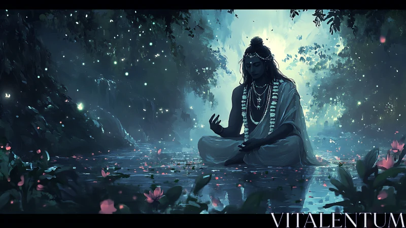 Moonlit yogi drifts in jeweled forest pond of quiet wonders.