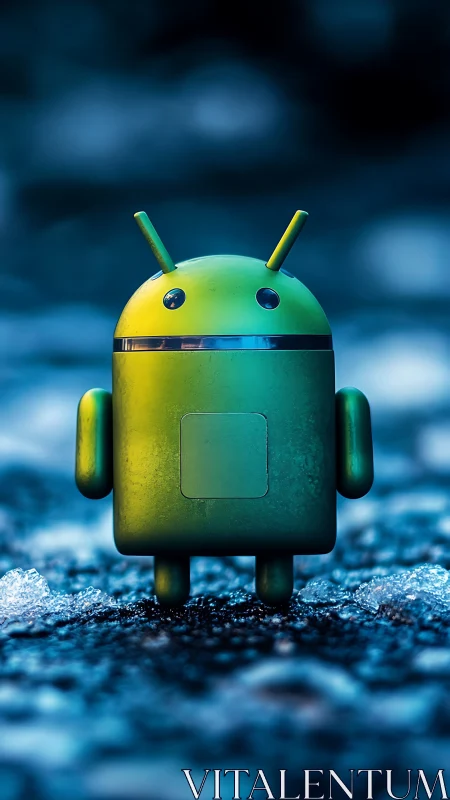 Frosty green android mascot wandering a neon glacier dreamscape.