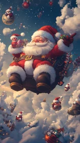 Santa soars through glowing winter sky in candy-lit sleigh.