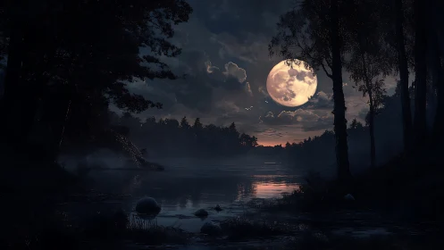 Full moon over forest lake with silhouetted trees at night.