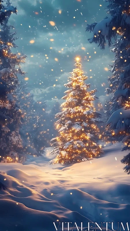 Midnight fir ignites a winter forest with quiet starlight.