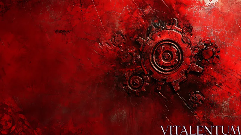 Fiery red steampunk gears turning in a bold abstract world.
