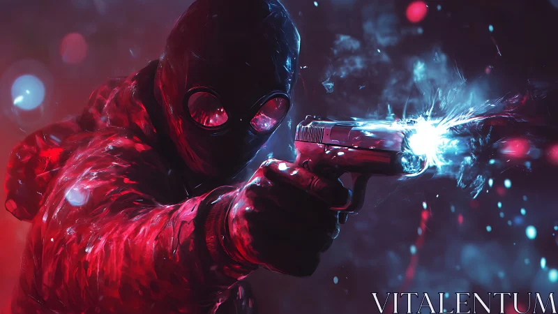 Masked figure discharging handgun amid red-blue lighting.