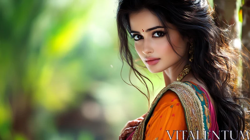 Elegant woman in traditional dress in soft outdoor light.