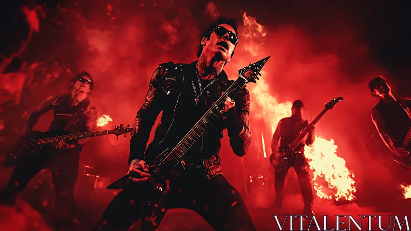 Rock band performs on stage amid controlled flame effects