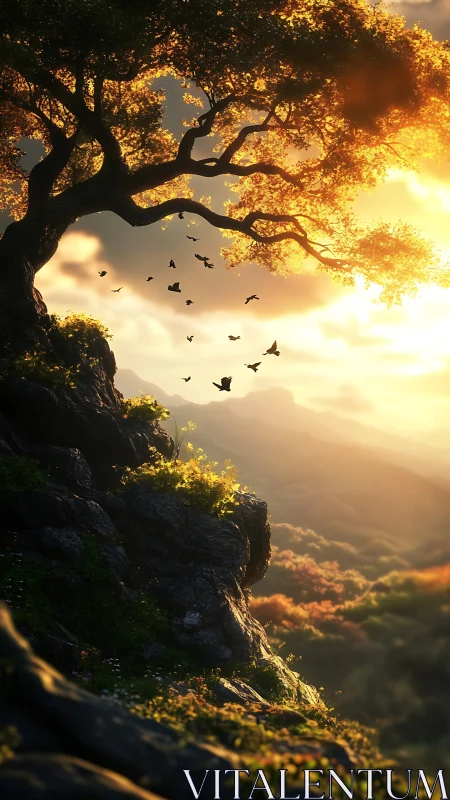 Golden sunset crowns a lonely cliff tree in soft light