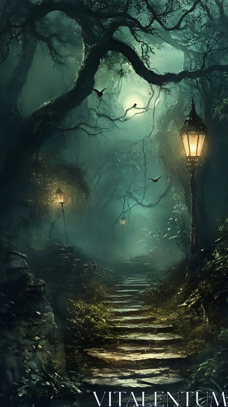 Stone path with gas lamps in dense misty forest at night.