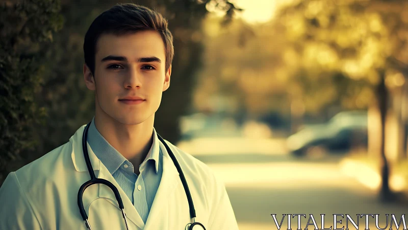 Young physician in white coat stands outdoors in golden light